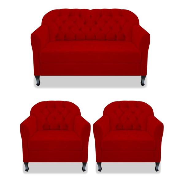 Imagem de Kit Namoradeira Recamier Sofá mais 02 Poltrona Julia Pés Luís Xv Com Botonê Quarto Sala de Estar Recepção Suede Vermelho - AM Decor