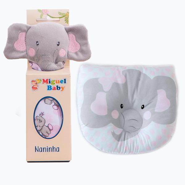 Imagem de Kit Naninha + Travesseiro Bebê Anatômico Apoio Cabeça Elefante Rosa