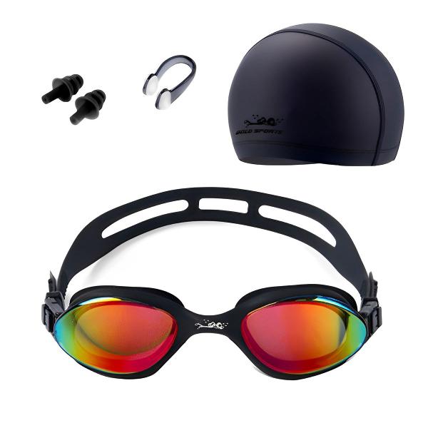 Imagem de Kit Oculos De Natação Gold Sports Wave Performance Espelhado Touca de Elastano Nose Clip e Ear Plug