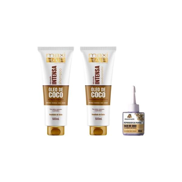 Kit Oleo De Coco Hidrat Int Maxihair Shamp+Cond+Rep Pontas - Maxi Hair Imagem de Kit Oleo De Coco Hidrat Int Maxihair Shamp+Cond+Rep Pontas