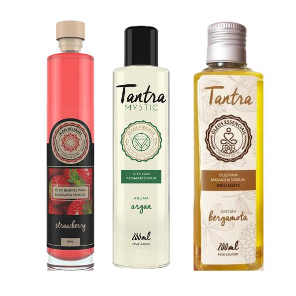 Imagem de Kit Óleo Sensual Beijável Tantra Morango + Óleo de Massagens Sensual Argan + Tantra Bergamota