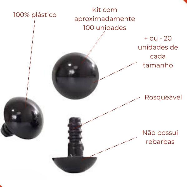 Imagem de Kit Olho Para Amigurumi Rosqueavel 06/08/10mm Em Plastico Com 100 Peças