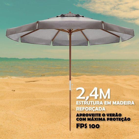 Imagem de Kit Ombrelone Bagum Madeira 2,4m Positano Guarda Sol Praia Piscina Marrom Base Dobrável - Belfix