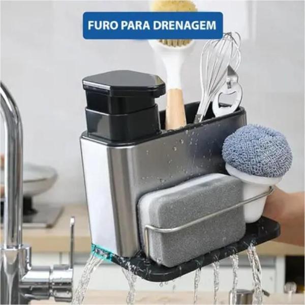 Imagem de Kit Organiza Aço Inox Pia Dispenser Detergente Sabão Esponja