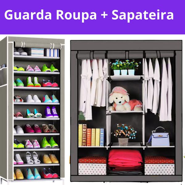 Imagem de Kit Organização Guarda Roupas Roupeiro + Sapateira Dobrável Portátil - Cinza