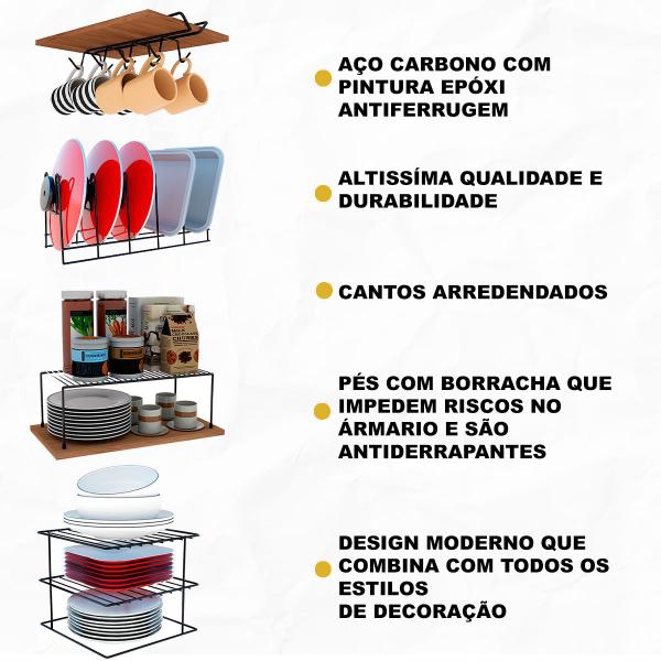 Imagem de Kit Organizador de Armário DiCarlo Prateleira Aramado Cozinha Premium 4 Itens