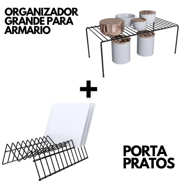 Imagem de Kit Organizador De Armário Prateleira Cozinha Grande E Porta Pratos