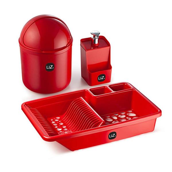 Imagem de Kit Organizador de Cozinha Pia Bonita 3pc com Escorredor, Lixeira e Dispenser de Detergente UZ1900 UZ Utilidades