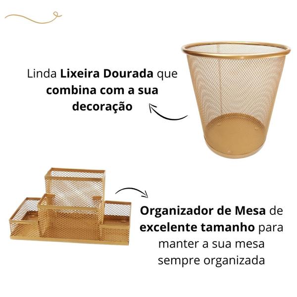 Imagem de Kit Organizador de Mesa e Lixeira Dourado Escritório, Lixeira Aramada Escritório 10L Dourado Ouro, Porta Caneta Lapis Porta Treco Dourado Markys Store