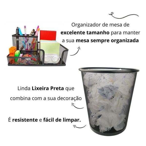 Imagem de Kit Organizador de Mesa Escritório e Lixeira Aramada Home Office Preto