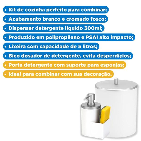 Imagem de Kit Organizador De Pia Cozinha Acessório Lavar Louça Lixinho 5 Litros Porta Detergente Branco E Cromado Fosco