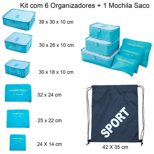 Imagem de Kit Organizador Mala Viagem Impermeável 6 peças Tamanhos Diversos + 1 Mochila Saco Multiuso: 7 Produtos