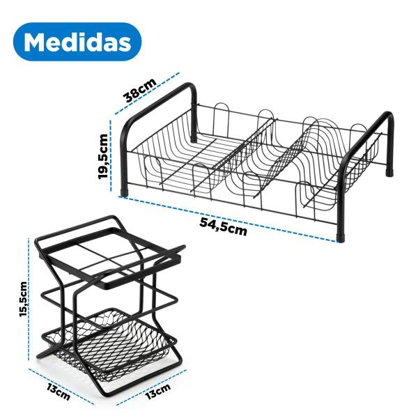 Imagem de Kit Organizador Pia Escorredor De Louças Porta Talheres Preto Fosco Aço