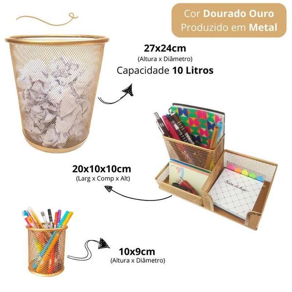 Imagem de Kit Organizador, Porta Caneta E Lixeira Escritório Dourado