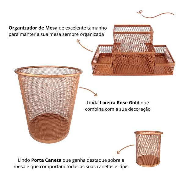 Imagem de Kit Organizador, Porta Caneta e Lixeira Rose Gold Escritório