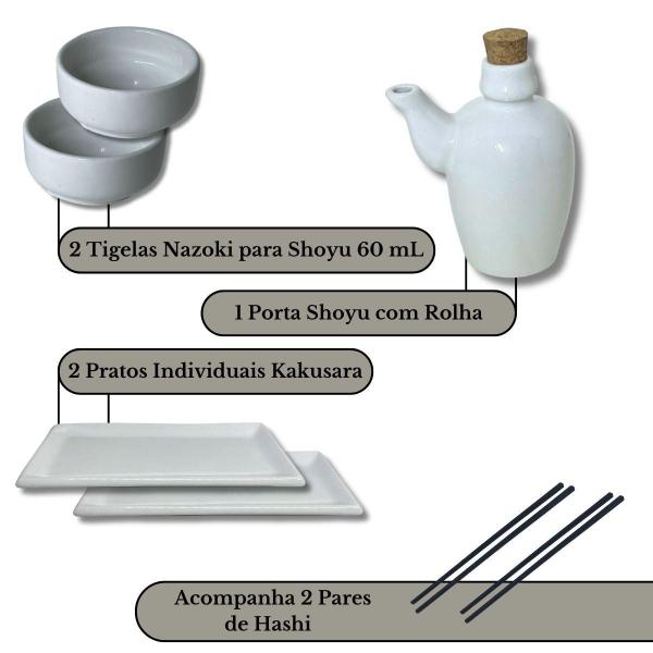 Imagem de Kit Oriental Para 2 Pessoas Comida Japonesa Branco Porcelana 7 peças Molheira 60mL