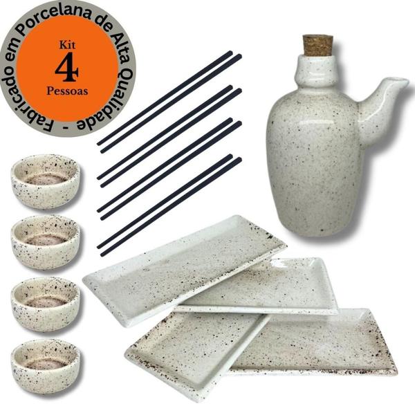 Imagem de Kit Oriental Para 4 Pessoas Comida Japonesa Creme Mesclado 9 peças Molheira 60mL