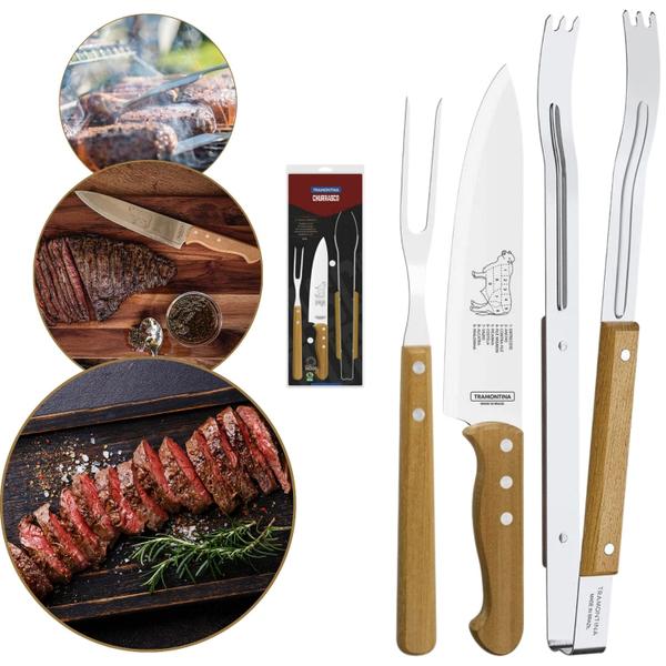 Imagem de Kit P/ Churrasco Com Lâmina Aço Inox E Cabo De Madeira 3 Pçs