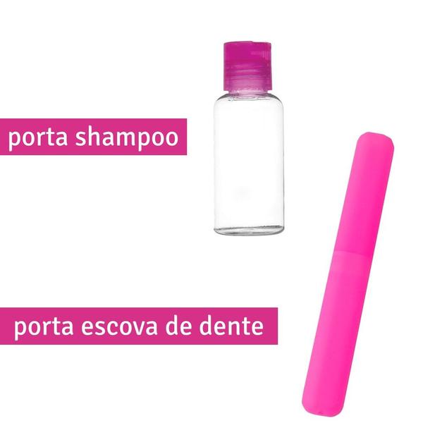 Imagem de Kit p/ Viagem Banho Rosa Saboneteira Esponja Porta Escova 4 Peças Ricca