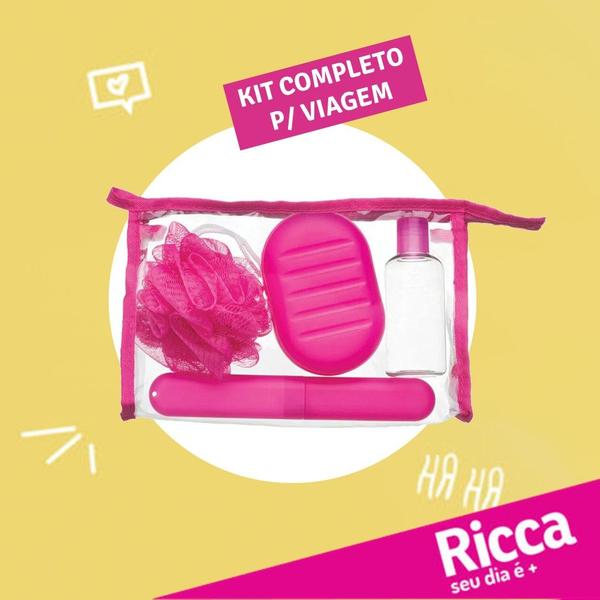 Imagem de Kit p/ Viagem Banho Rosa Saboneteira Esponja Porta Escova 4 Peças Ricca