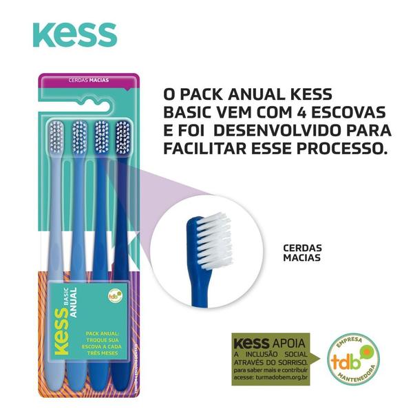 Imagem de Kit Pack Anual c/ 4 Escovas Dentais Basic Kess Cerdas Macias