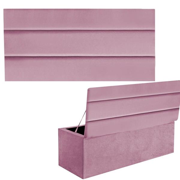 Imagem de Kit Painel Cabeceira Estofada e Calçadeira Baú Recamier Argent 140cm Casal Padrão Suede Rosa Bebê - Ahz Móveis