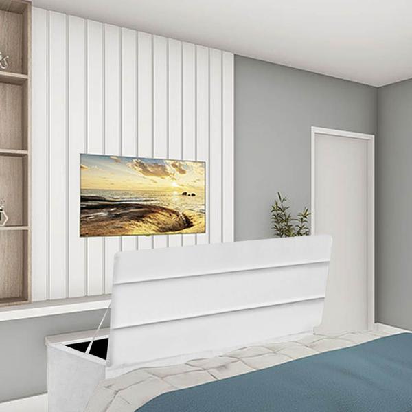 Imagem de Kit Painel Cabeceira Estofada e Calçadeira Baú Recamier Argent 195cm King Size Sintético Branco - Ahazzo Móveis