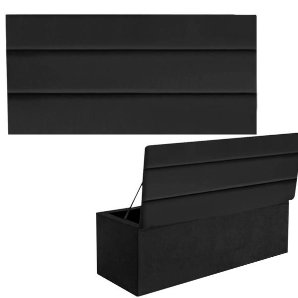 Imagem de Kit Painel Cabeceira Estofada e Calçadeira Baú Recamier Argent 90cm Solteiro Suede Preto - Ahazzo Móveis