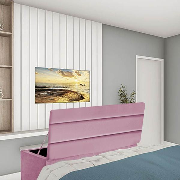 Imagem de Kit Painel Cabeceira Estofada e Calçadeira Baú Recamier Argent 90cm Solteiro Suede Rosa Bebê - Ahazzo Móveis