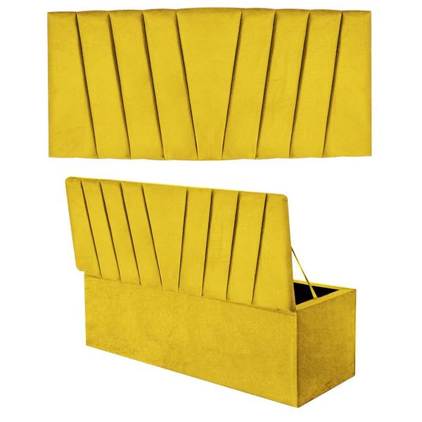 Imagem de Kit Painel Cabeceira Estofada e Calçadeira Baú Recamier Bélgica 140cm Casal Padrão material sintético Amarelo - Ahazzo Móveis