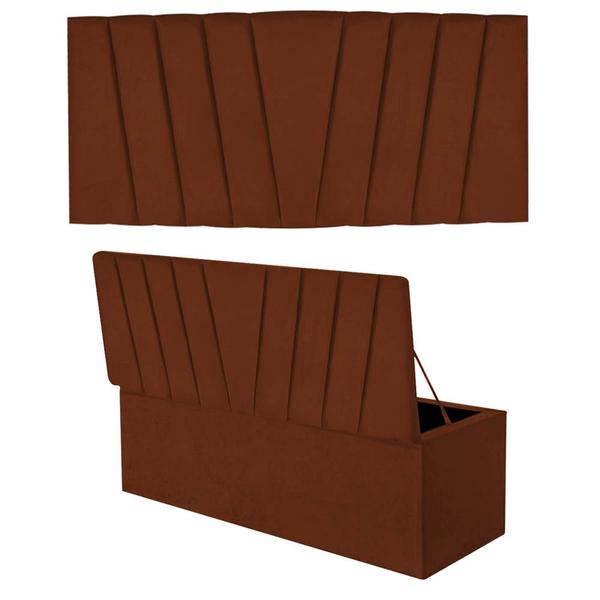 Imagem de Kit Painel Cabeceira Estofada e Calçadeira Baú Recamier Bélgica 160cm Queen Size Suede Terracota - Ahazzo Móveis