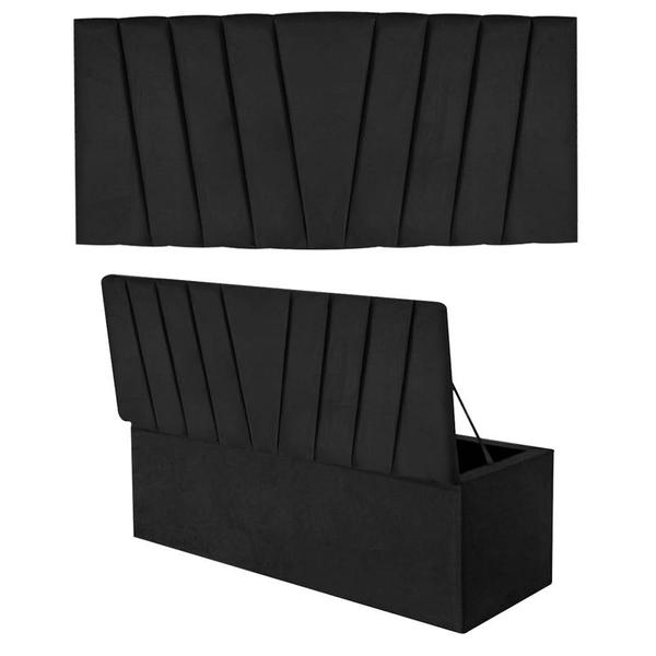 Imagem de Kit Painel Cabeceira Estofada e Calçadeira Baú Recamier Bélgica 195cm King Size Suede Preto - Ahazzo Móveis