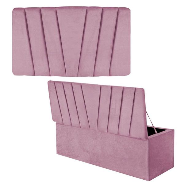 Imagem de Kit Painel Cabeceira Estofada e Calçadeira Baú Recamier Bélgica 90cm Solteiro Suede Rosa Bebê - Ahazzo Móveis