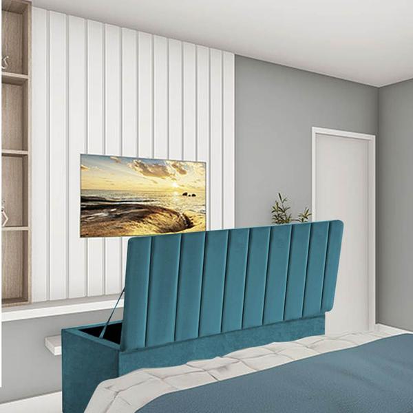 Imagem de Kit Painel Cabeceira Estofada e Calçadeira Baú Recamier Carla 140cm Casal Padrão Suede Azul Turquesa - Ahazzo Móveis