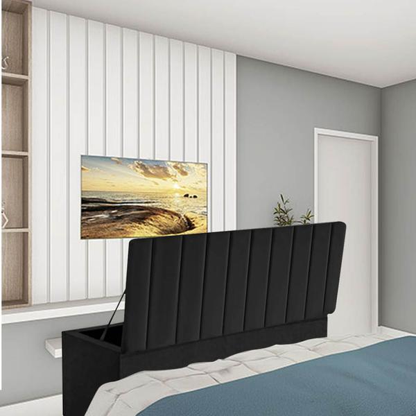 Imagem de Kit Painel Cabeceira Estofada e Calçadeira Baú Recamier Carla 140cm Casal Padrão Suede Preto - Ahazzo Móveis