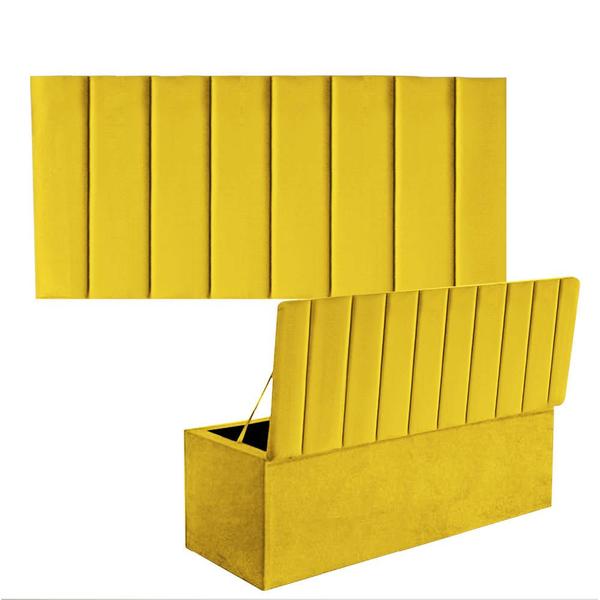 Imagem de Kit Painel Cabeceira Estofada e Calçadeira Baú Recamier Carla 160cm Queen Size material sintético Amarelo - Ahazzo Móveis