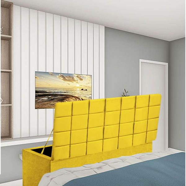 Imagem de Kit Painel Cabeceira Estofada e Calçadeira Baú Recamier Clara 140cm Casal Padrão material sintético Amarelo - Ahazzo Móveis