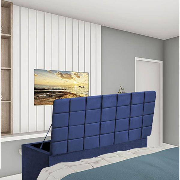 Imagem de Kit Painel Cabeceira Estofada e Calçadeira Baú Recamier Clara 140cm Casal Padrão Suede Azul Marinho - Ahazzo Móveis