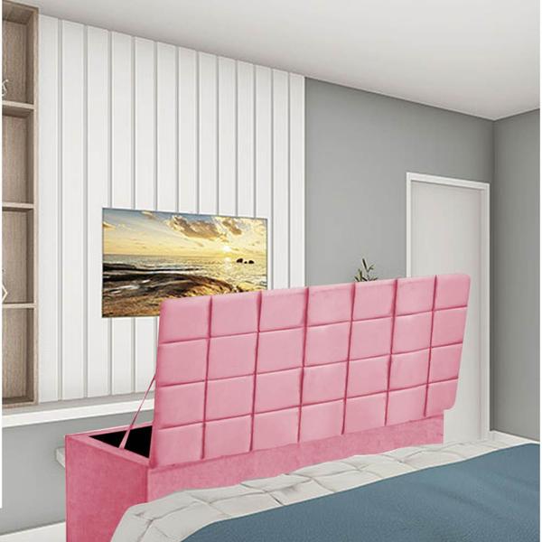 Imagem de Kit Painel Cabeceira Estofada e Calçadeira Baú Recamier Clara 160cm Queen Size Suede Rosa Bebê - Ahz Móveis