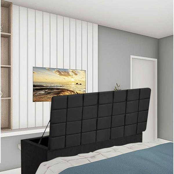 Imagem de Kit Painel Cabeceira Estofada e Calçadeira Baú Recamier Clara 195cm King Size material sintético Preto - Ahazzo Móveis