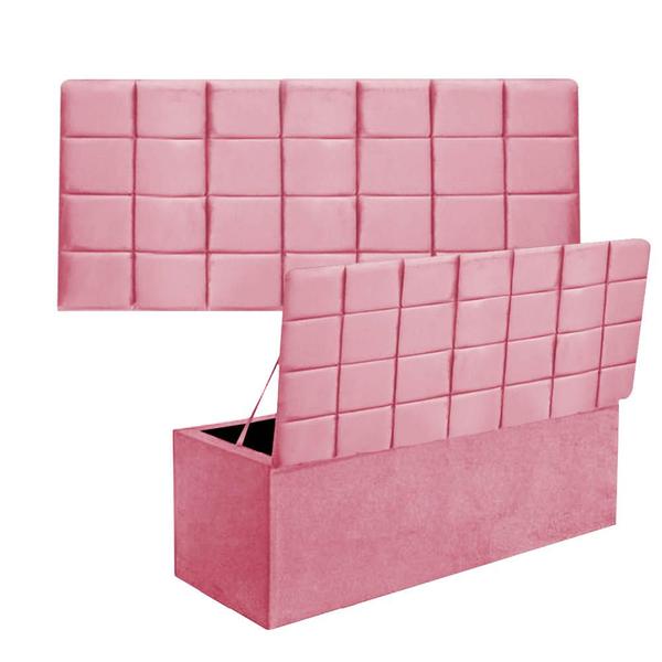 Imagem de Kit Painel Cabeceira Estofada e Calçadeira Baú Recamier Clara 195cm King Size Suede Rosa Bebê - Ahazzo Móveis