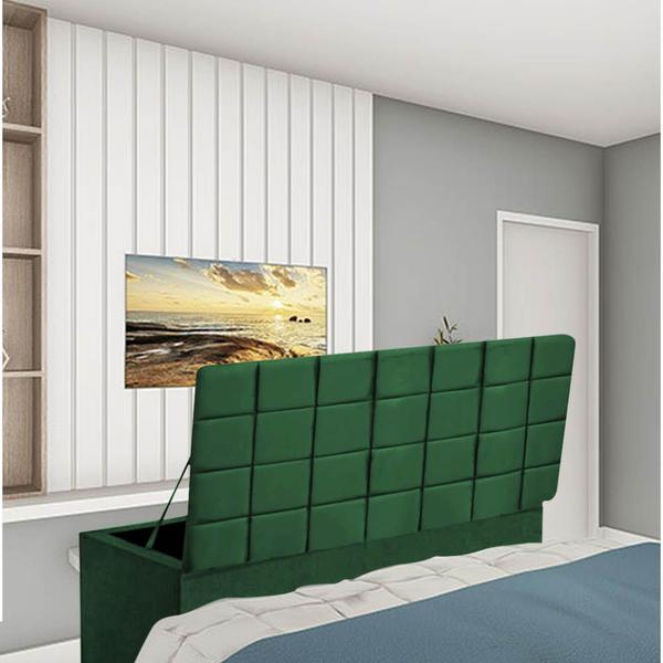 Imagem de Kit Painel Cabeceira Estofada e Calçadeira Baú Recamier Clara 195cm King Size Suede Verde Musgo - Ahazzo Móveis