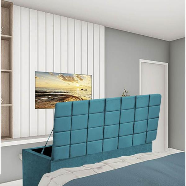 Imagem de Kit Painel Cabeceira Estofada e Calçadeira Baú Recamier Clara 90cm Solteiro Suede Azul Turquesa - Ahz Móveis