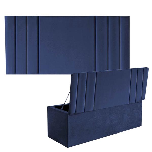 Imagem de Kit Painel Cabeceira Estofada e Calçadeira Baú Recamier Grécia 100cm Solteiro Suede Azul Marinho - Ahz Móveis