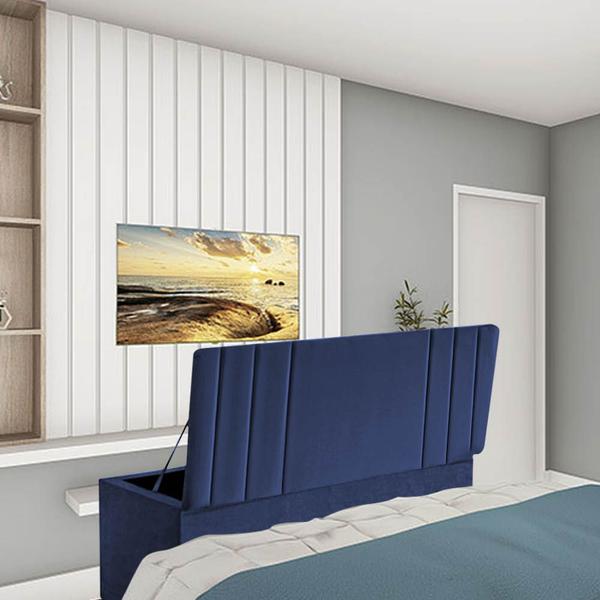 Imagem de Kit Painel Cabeceira Estofada e Calçadeira Baú Recamier Grécia 140cm Casal Padrão Suede Azul Marinho - Ahazzo Móveis