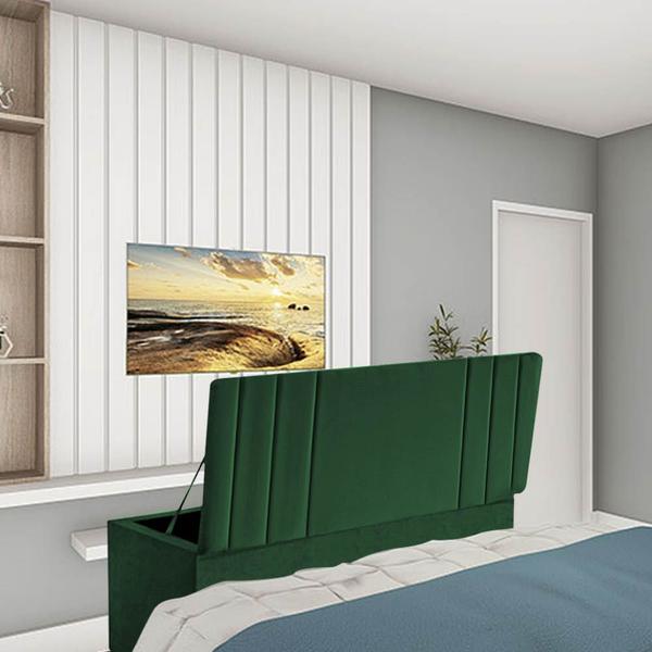 Imagem de Kit Painel Cabeceira Estofada e Calçadeira Baú Recamier Grécia 160cm Queen Size Suede Verde Musgo - Ahazzo Móveis