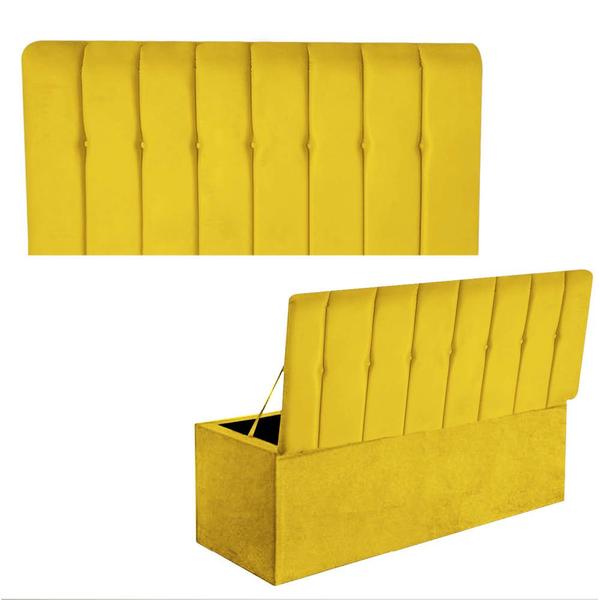 Imagem de Kit Painel Cabeceira Estofada e Calçadeira Baú Recamier Kiara 140cm Casal Padrão material sintético Amarelo - Ahz Móveis