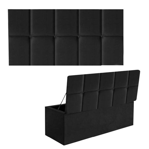 Imagem de Kit Painel Cabeceira Estofada e Calçadeira Baú Recamier Turquia 160cm Queen Size Suede Preto - Ahazzo Móveis