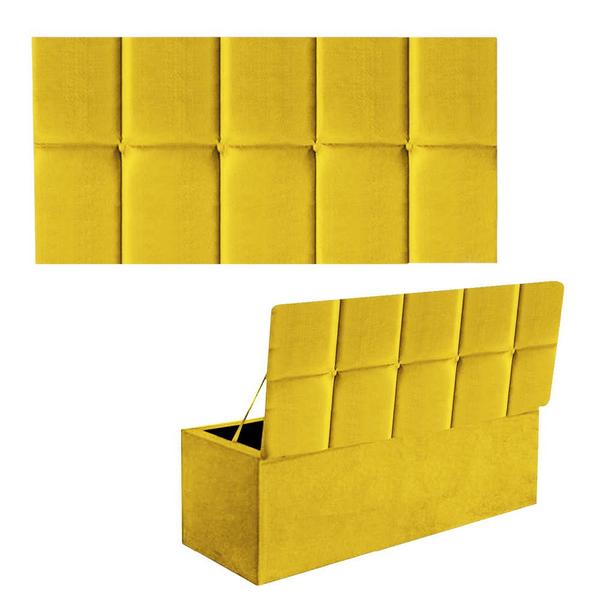 Imagem de Kit Painel Cabeceira Estofada e Calçadeira Baú Recamier Turquia 195cm King Size Suede Amarelo - Ahz Móveis