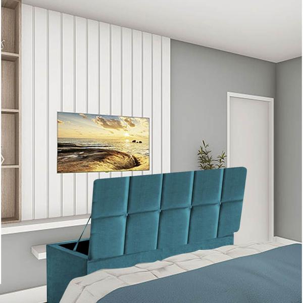 Imagem de Kit Painel Cabeceira Estofada e Calçadeira Baú Recamier Turquia 195cm King Size Suede Azul Turquesa - Ahazzo Móveis